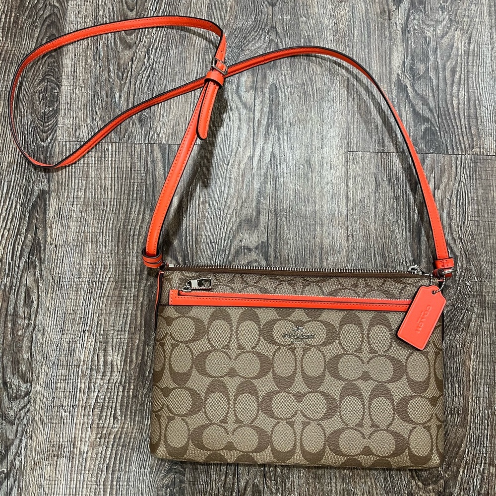 Coach Brown/Coral Orange Signature Canvas and Leather Crossbody Bag